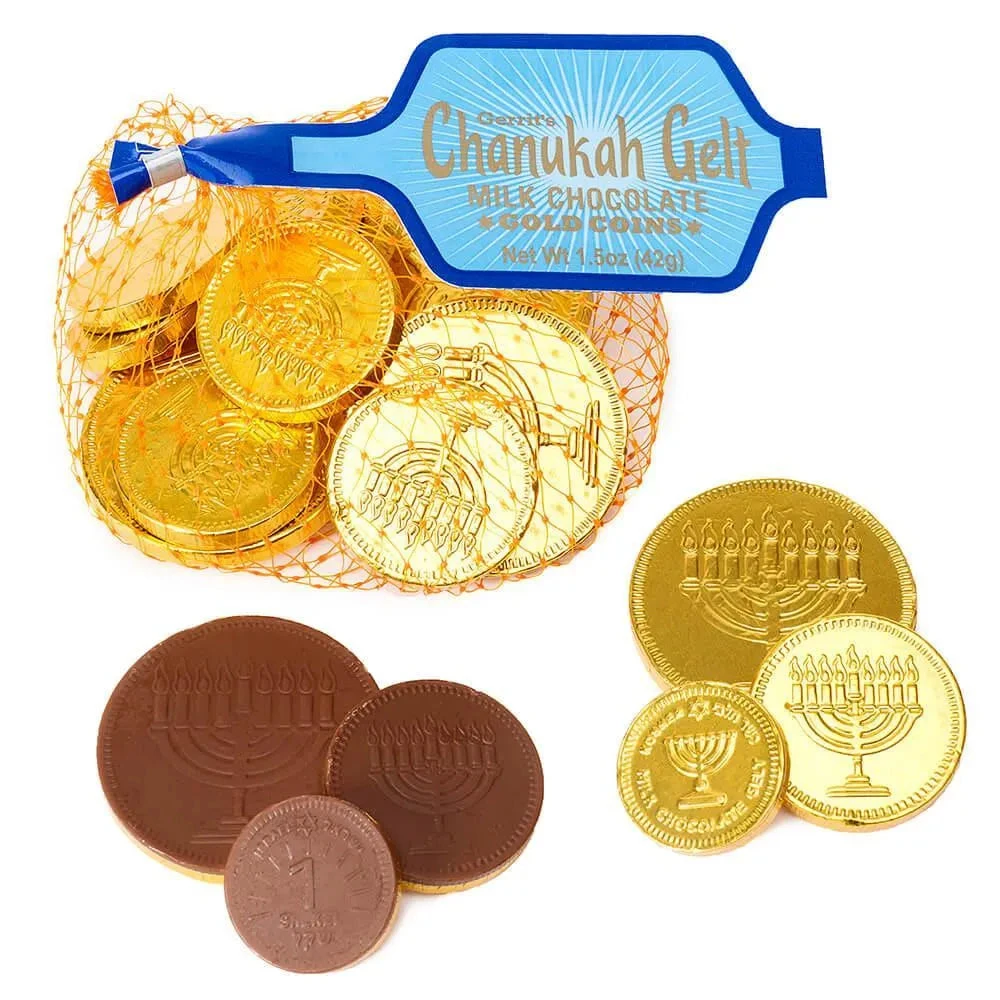 Chanukah Gelt Milk Chocolate Gold Coins In Mesh Bags: 18-Piece Box 3 Chanukah Gelt Milk Chocolate Gold Coins In Mesh Bags: 18-Piece Box