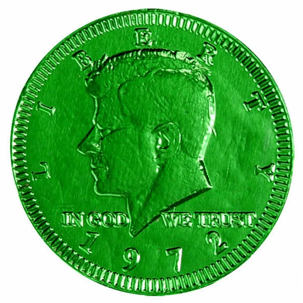 Green Foiled Milk Chocolate Coins: 1LB Bag 3 Green Foiled Milk Chocolate Coins: 1LB Bag