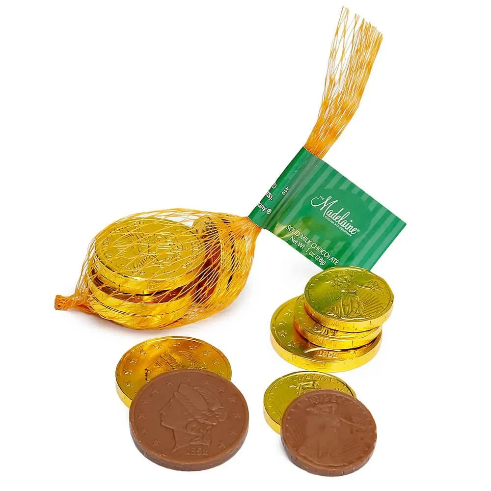 Madelaine Gold Foiled Milk Chocolate Coins 1-Ounce Mesh Bags: 48-Piece Box 3 Madelaine Gold Foiled Milk Chocolate Coins 1-Ounce Mesh Bags: 48-Piece Box