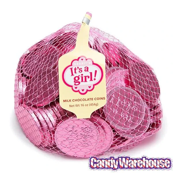 Pink Foiled Baby Girl Milk Chocolate Coins: 1LB Bag 5 Pink Foiled Baby Girl Milk Chocolate Coins: 1LB Bag - Image 3